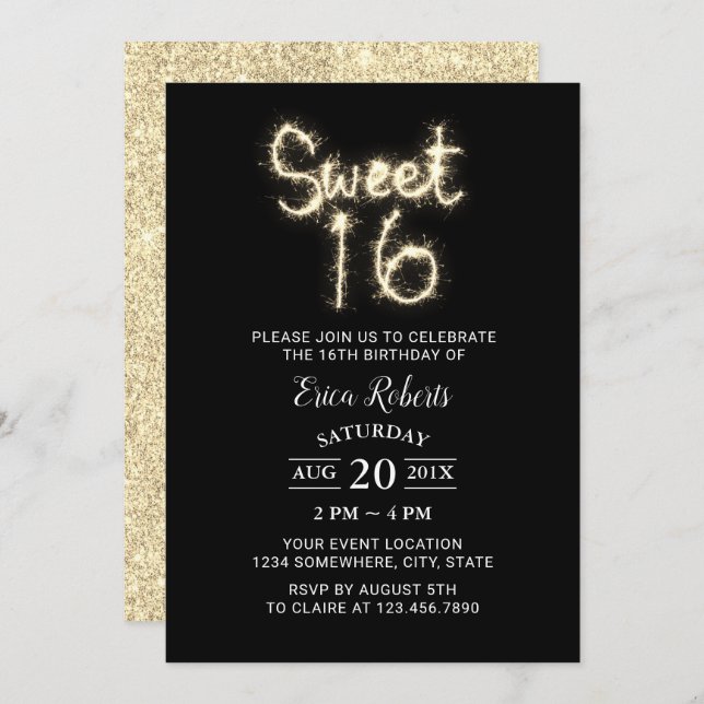 Invitación Dulce 16 Sparkler Purpurina de oro moderno Cumplea (Anverso / Reverso)