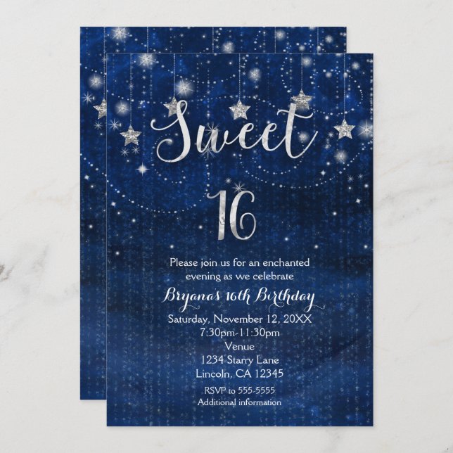 Invitación Dulce 16 Starry Night Silver & Blue Invitation (Anverso / Reverso)