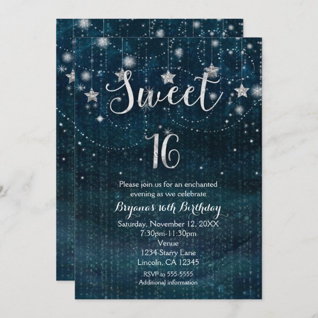 Invitación Dulce 16 Starry Night Silver & Blue Invitation (Anverso / Reverso)