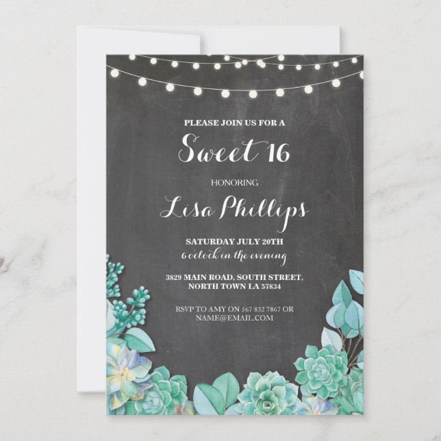 Invitación Dulce 16 Suculentos de Fiesta de Cumpleaños Invita (Anverso)