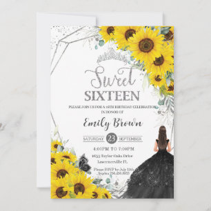 Invitación Dulce 16 Sunflower Floral Plata Vestido negro