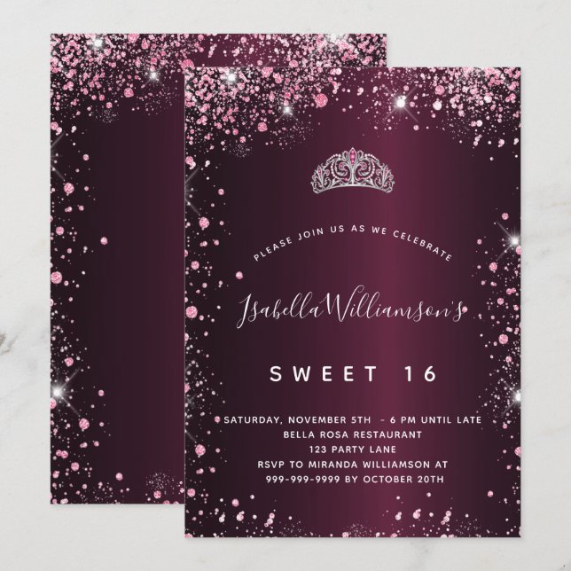 Invitación Dulce 16 tiara purpurina rosa burdeos (Anverso / Reverso)