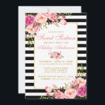 Invitación Dulce 16 Tirado Floral Oro Rosa<br><div class="desc">Dulce 16 Tarjeta de invitación de oro floral a rayas rosadas de cumpleaños - franjas blancas y negras</div>