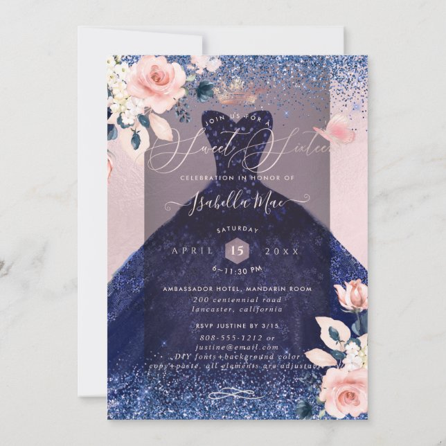 Invitación Dulce 16 traje Purpurina azul de la Marina Floral  (Reverso)