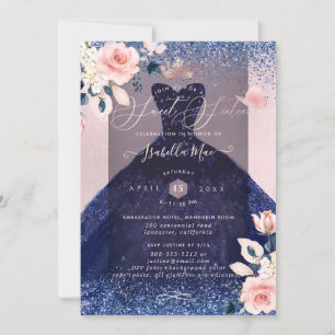 Invitación Dulce 16 traje Purpurina azul de la Marina Floral