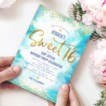 Invitación Dulce 16 Turquesa acuarela Dorado Cumpleaños Moder<br><div class="desc">Esta invitación es una gran manera de hacer que su hija celebre su cumpleaños con todos sus amigos. Envíe este impresionante, moderno y personalizado impulso para un evento que recordar. Relieve metalizado de imitación dorado espumoso y pequeños puntos purpurinas de confetti y escritura tipográfica superponen un fondo de color azul...</div>