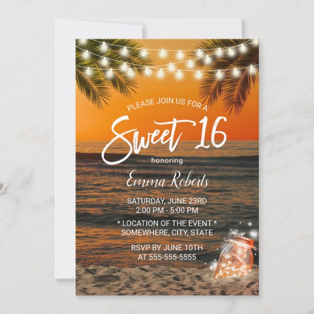 Invitación Dulce 16 Verano Sunset Beach Glow Mason Jar (Anverso)