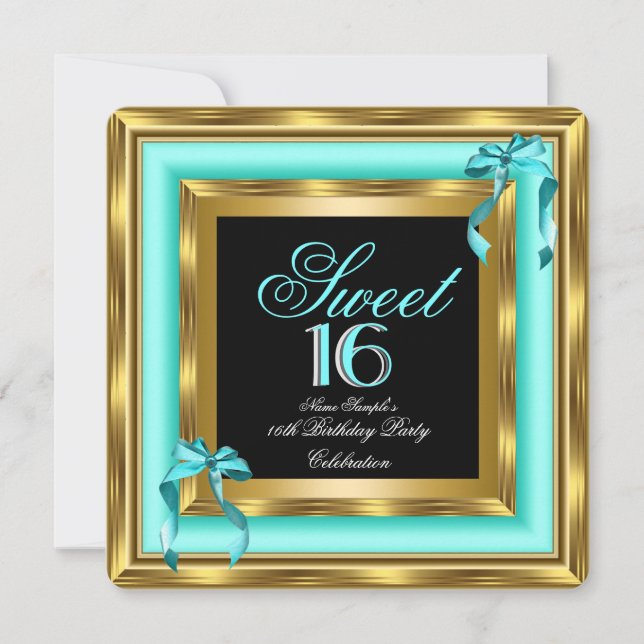 Invitación Dulce 16 Verde azulado Blue Gold Black 16th Birthd (Anverso)
