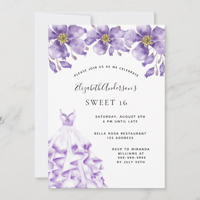 Invitación Dulce 16 vestido blanco violeta elegante floral (Anverso)