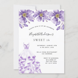 Invitación Dulce 16 vestido blanco violeta elegante floral