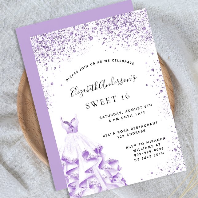 Invitación Dulce 16 vestido blanco violeta purpurina glam (Subido por el creador)