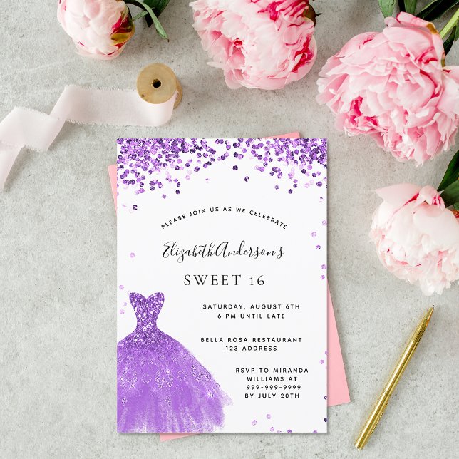 Invitación Dulce 16 vestido blanco violeta purpurina lujo (Subido por el creador)