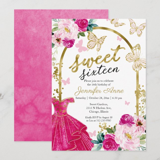 Invitación Dulce 16 Vestido floral Mariposa de oro rosa calie (Anverso / Reverso)