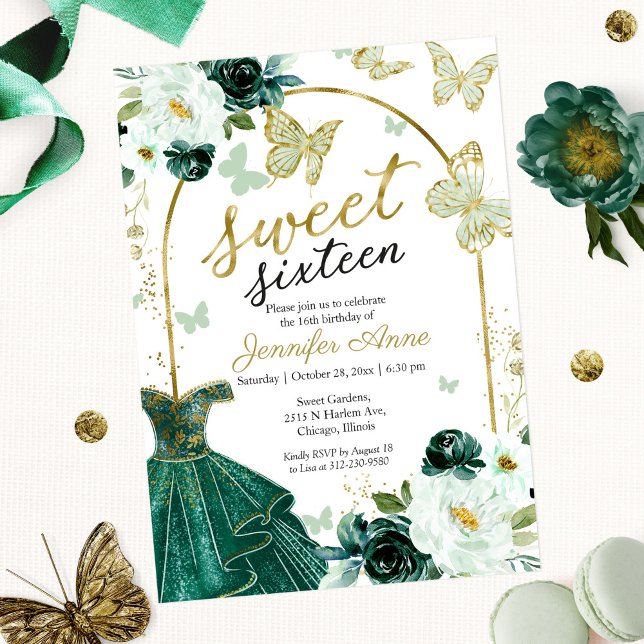 Invitación Dulce 16 Vestido floral Mariposa Esmeralda Verde (Subido por el creador)