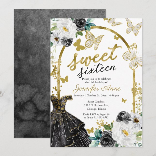 Invitación Dulce 16 Vestido Floral Mariposa Oro Negro (Anverso / Reverso)