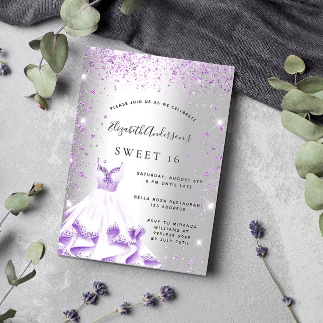 Invitación Dulce 16 vestido morado de plata purpurina glamoro (Subido por el creador)