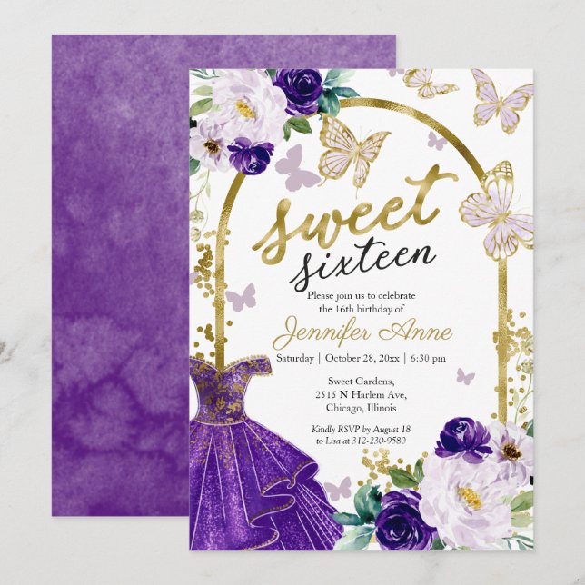 Invitación Dulce 16 Vestido morado floral Mariposa (Anverso / Reverso)