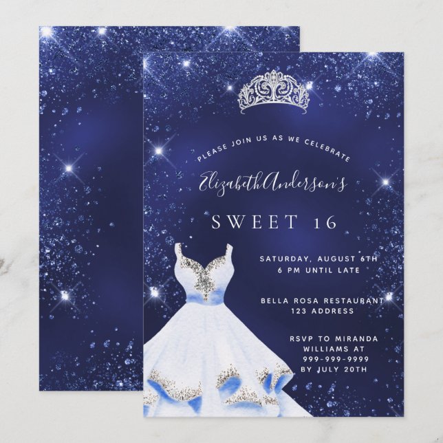 Invitación Dulce 16 vestido purpurina azul marino tiara glamo (Anverso / Reverso)