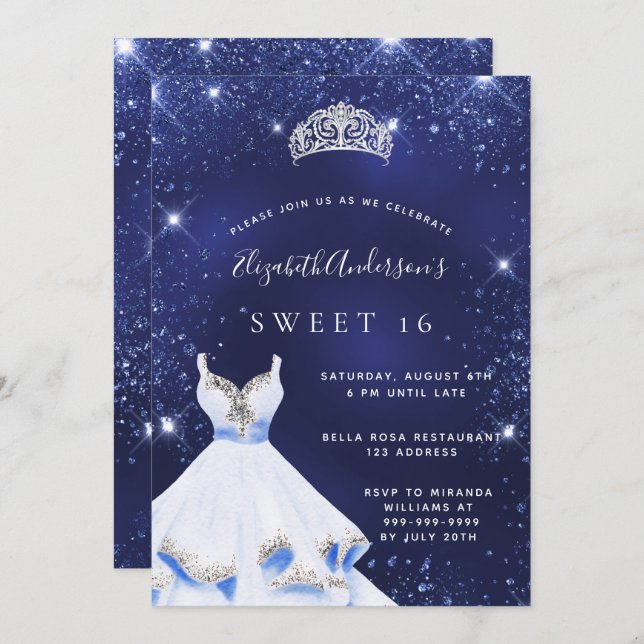 Invitación Dulce 16 vestido purpurina azul marino tiara glamo (Anverso / Reverso)