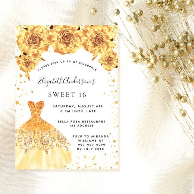 Invitación Dulce 16 vestido purpurina dorado glamoroso floral (Subido por el creador)