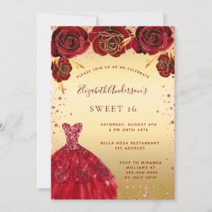 Invitación Dulce 16 vestido purpurina rojo dorado glamoroso