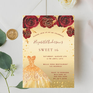 Invitación Dulce 16 vestido purpurina rojo dorado glamoroso