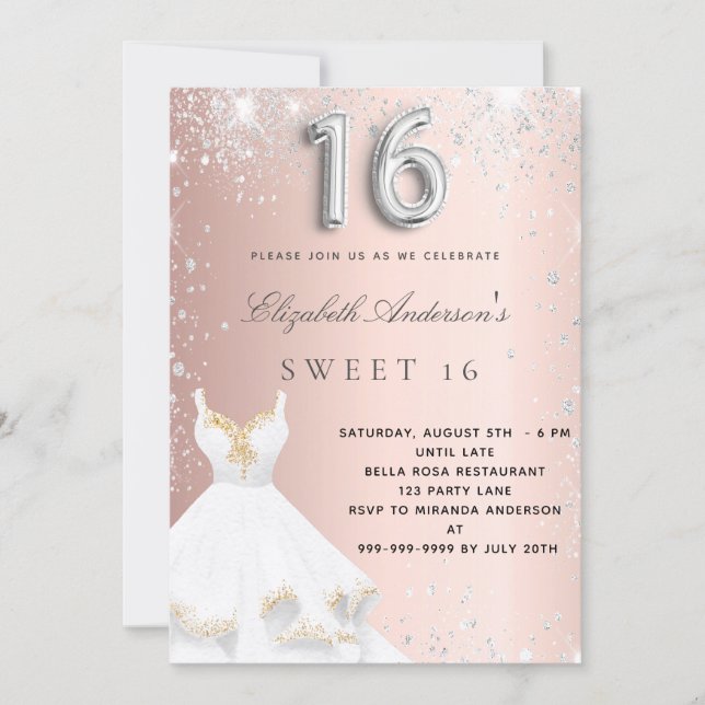 Invitación Dulce 16 vestido rosa de plata dorada purpurina ru (Anverso)