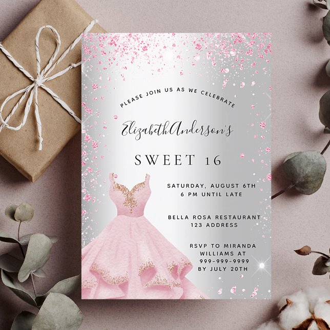 Invitación Dulce 16 vestido rosa plateado purpurina glamoroso (Subido por el creador)