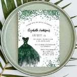 Invitación Dulce 16 vestido verde esmeralda purpurina glamoro<br><div class="desc">Una invitación moderna,  elegante y glamurosa para una fiesta de 16 y 16 años. En la parte delantera: fondo blanco con chispas verdes,  vestido verde esmeralda. El nombre está escrito con una escritura de estilo con letras a mano moderna. Personalice y agregue los detalles de su fiesta.</div>