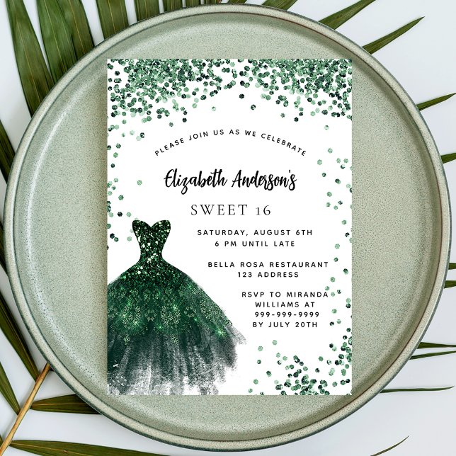 Invitación Dulce 16 vestido verde esmeralda purpurina glamoro (Subido por el creador)