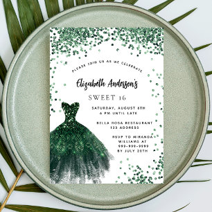 Invitación Dulce 16 vestido verde esmeralda purpurina lujo