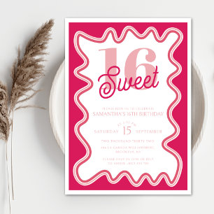 Invitación Dulce 16 Vibrante Rosa Retro Onda 16ª
