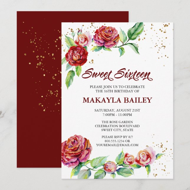Invitación Dulce 16 Vintage Roses Rojas Dorado Confetti Flora (Anverso / Reverso)