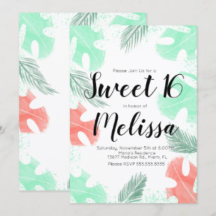 Invitación Dulce 16 Watercolor Monstera Coral Mint Leaves