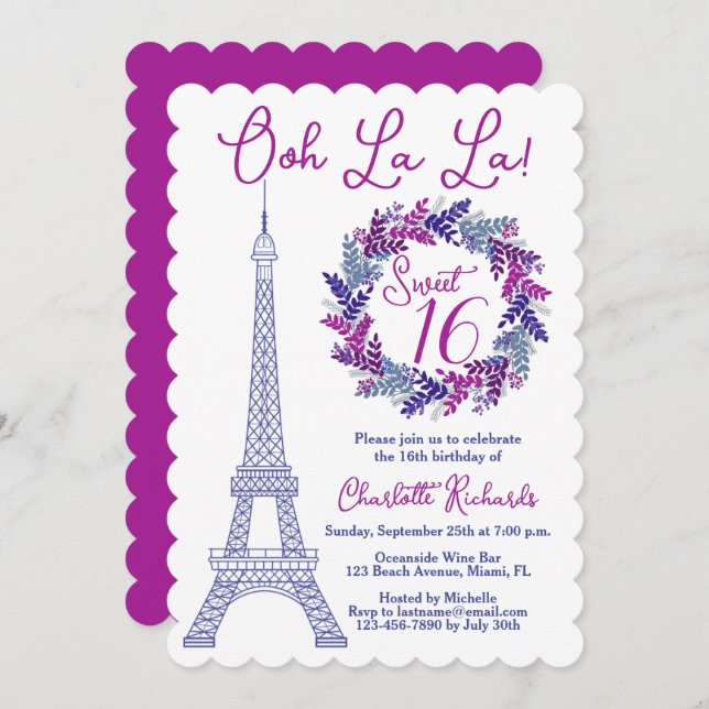 Invitación Dulce 16 Wreath Paris Eiffel Tower Fiesta de cumpl (Anverso / Reverso)