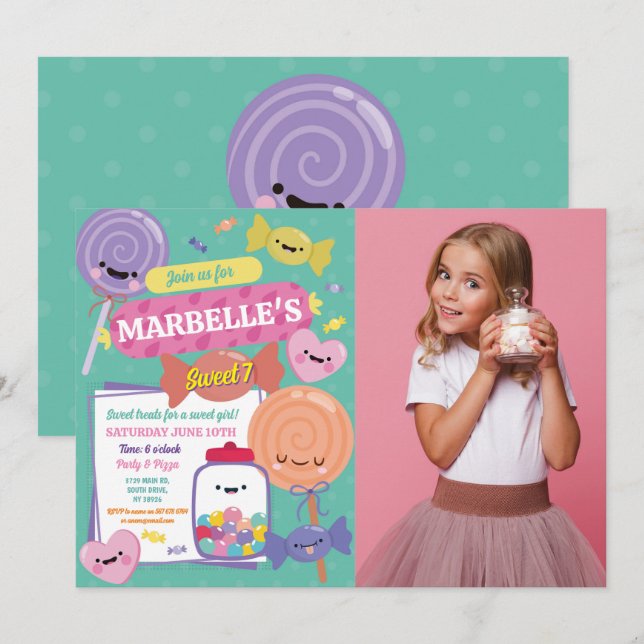 Invitación Dulce 7 Dulce Estilo Kawaii Siete Cumpleaños (Anverso / Reverso)