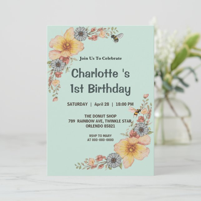 Invitación Dulce abeja Bumble Wildlfower Cumpleaños de primav (Anverso de pie)