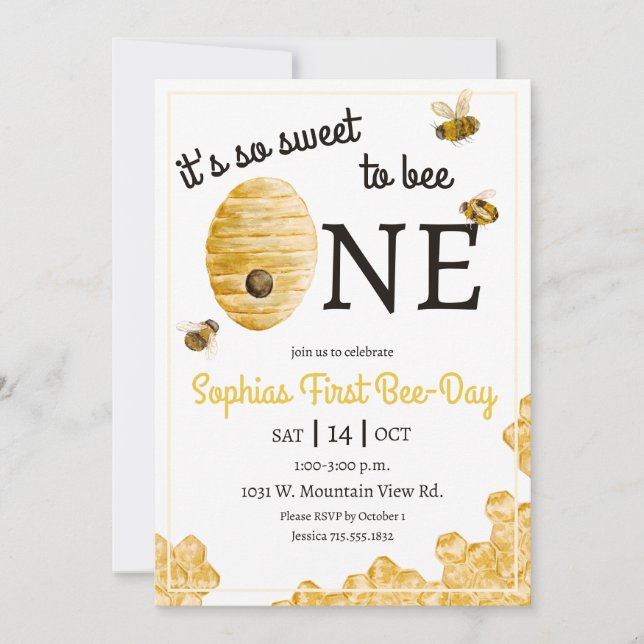 Invitación Dulce Abeja Cumpleaños Uno Cueva de Abejas Cumplea (Anverso)