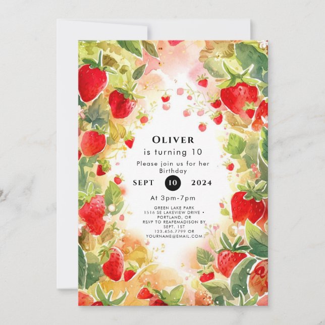 Invitación Dulce acuarela colorida fresa cumpleaños (Anverso)