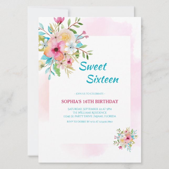 Invitación Dulce acuarela floral dieciséis con marco rosa (Anverso)