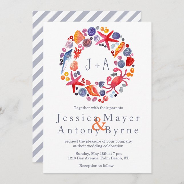Invitación Dulce acuarela Nautical Wreath Beach Wedding (Anverso / Reverso)