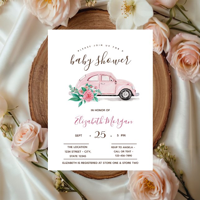 Invitación Dulce Acuarela Rosa Car Polka Dots Baby Shower (Subido por el creador)