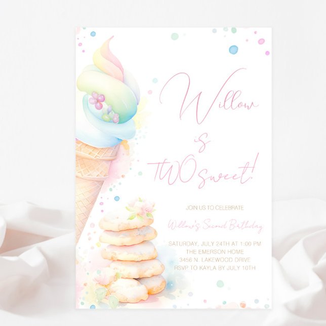 Invitación Dulce acuático Chica Dos Dulces Cumpleaños (Pretty watercolor treats Two Sweet second birthday party invitation. Simply add your event details.)
