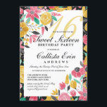 Invitación Dulce acuático dorado rosado dorado 16<br><div class="desc">Esta elegante y artística invitación a la dulce fiesta de 16 años es perfecta para la primavera y la temporada de verano. Tiene flores, hojas y bayas de color amarillo dorado pintadas a mano, negro, rosa de las bayas y verde verde azulado encima de un simple borde negro y fondo...</div>