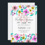 Invitación Dulce acuático floral amarillo rosado de verano 16<br><div class="desc">Esta elegante y moderna invitación de verano/primavera dulce dieciséis cumpleaños es perfecta para un evento informal pero elegante. El diseño se compone de mostaza pintada a mano amarilla, coral, rosa, magenta y flores verdes verde azuladas y hojas sobre un borde doble de pinstripe y fondo blanco. Es un diseño artístico,...</div>