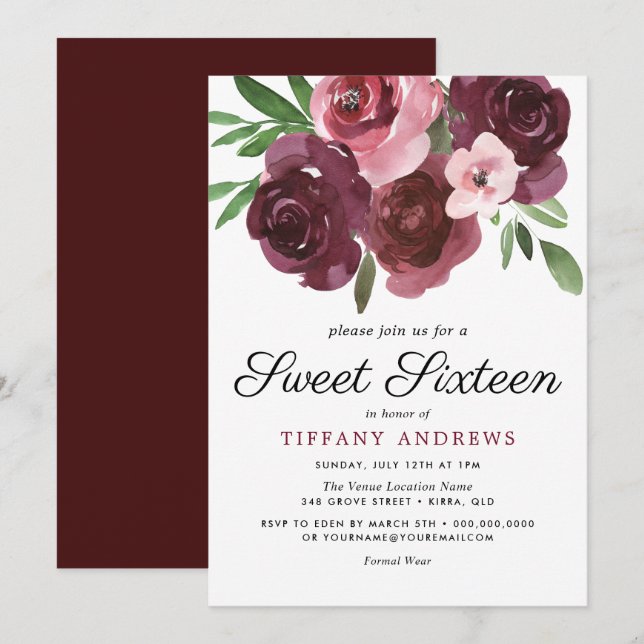 Invitación Dulce acuático floral de Borgoña 16 Invite (Anverso / Reverso)