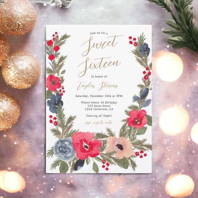 Invitación Dulce acuático floral de invierno de moda rústica  (Rustic chic Winter Floral Watercolor Sweet 16 Invitation)