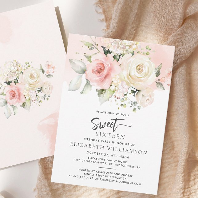 Invitación Dulce acuático floral rosa 16 (Pink Floral Elegant Sweet Sixteen Script Modern Watercolor 16th Birthday Party Invitation)
