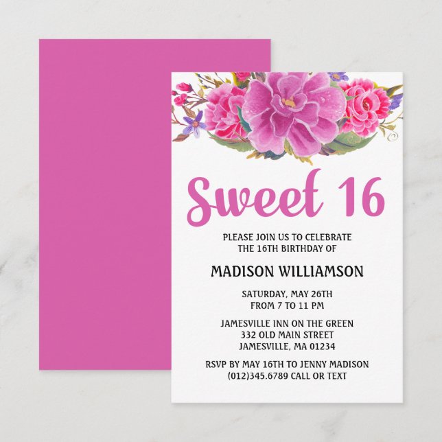 Invitación Dulce acuático floral rosado moderno 16 cumpleaños (Anverso / Reverso)