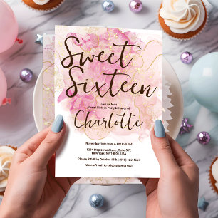 Invitación Dulce acuático rosa y dorado de moda 16 Fiesta